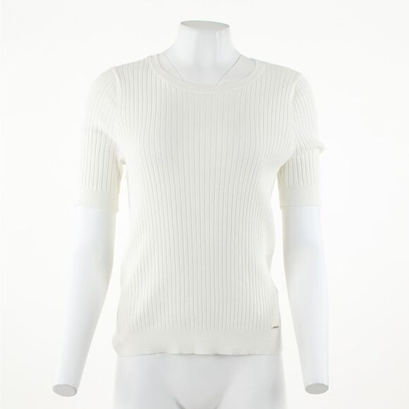 Calvin Klein Petite Elbow-Sleeve Ribbed Top in Cream - Picture 2 of 5
